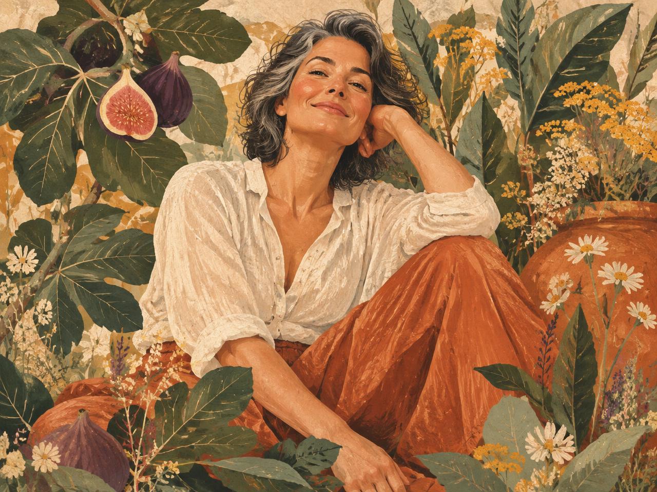 A smiling woman relaxing among botanicals